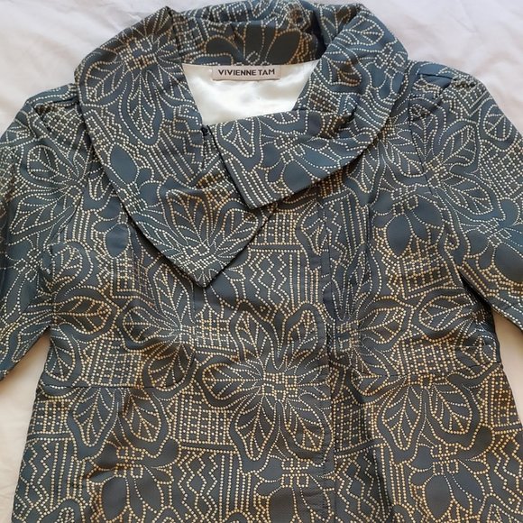 Vivienne Tam green and gold ¾ sleeve cropped swing - Picture 3 of 9